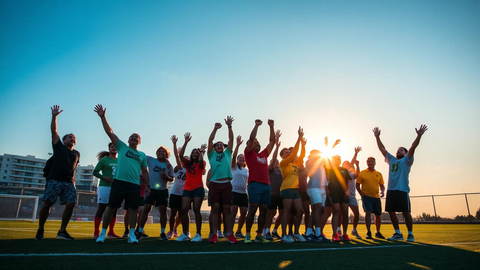 Players celebrating on a floodlit turf pitch